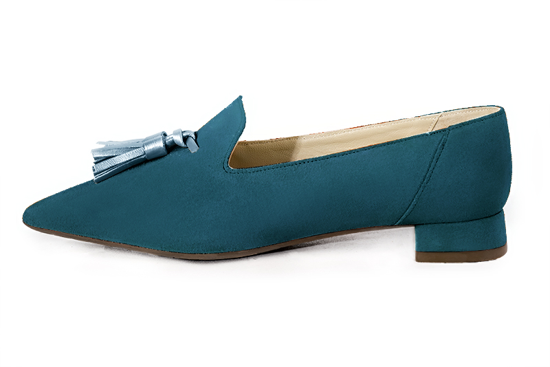 Peacock blue women's loafers with pompons. Pointed toe. Flat flare heels - Florence KOOIJMAN